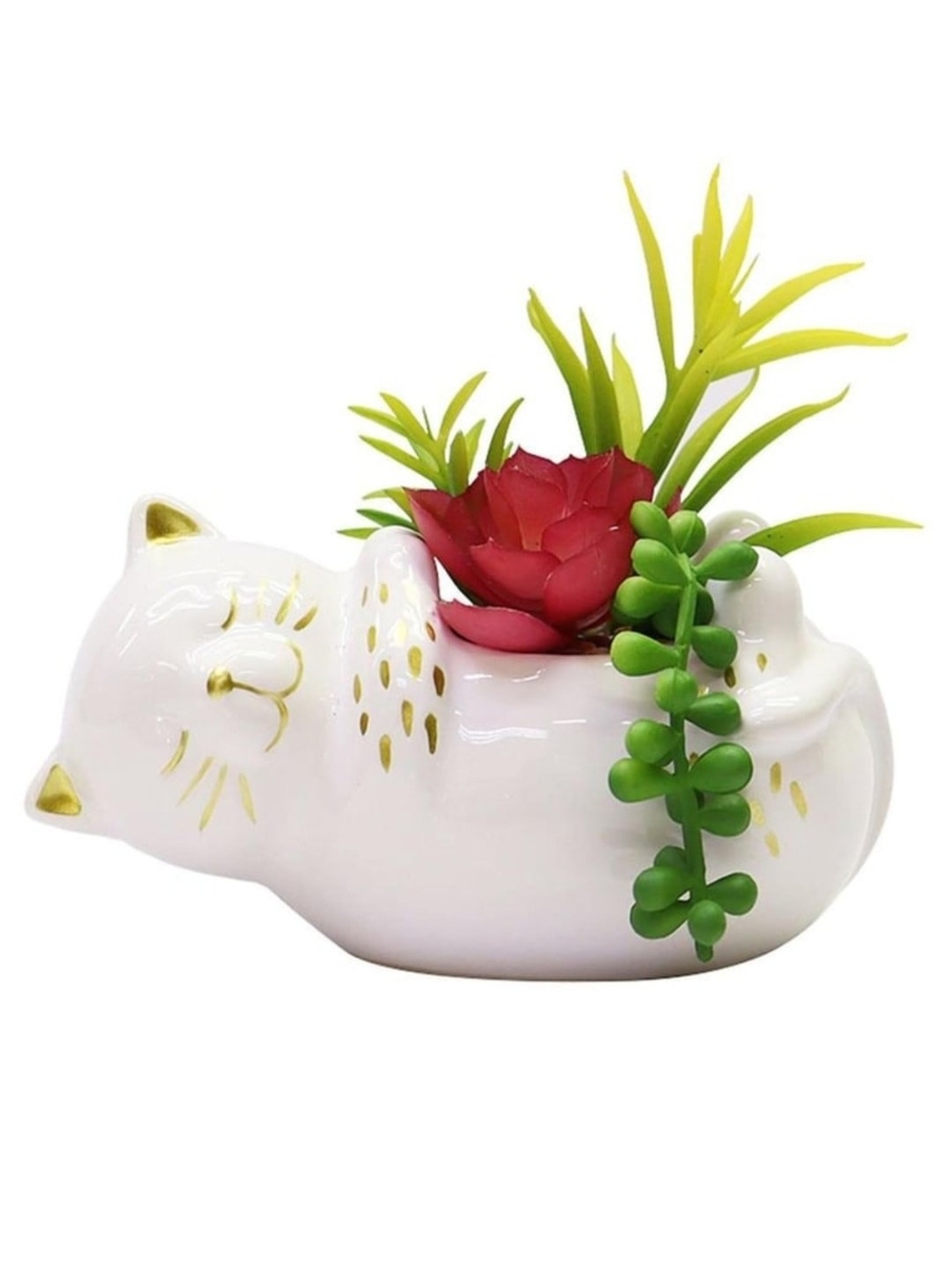 White Ceramic Cat Planter with Gold Accents and Red Succulent